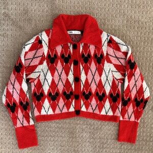 Zara Disney Red Argyle Cardigan with Mickey Mouse Pattern M